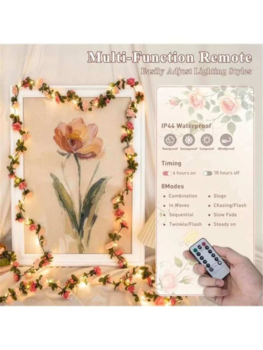 Rose Flower String Lights Pink Garland LED Battery Bedroom Wedding Party Decor